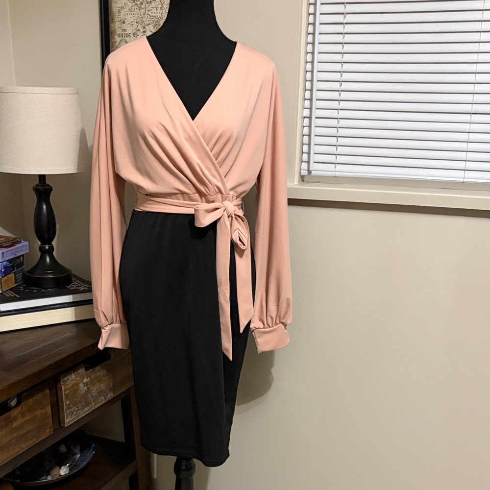 Grace Karin Blush and Black Long Sleeve Wrap Dress